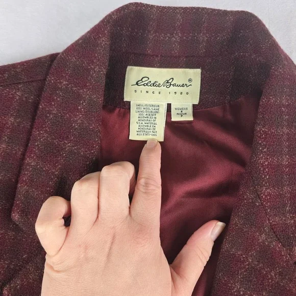 Vintage Eddie Bauer Women's Plaid Wool Blazer Size Small Burgundy‎ Brown Lined - Picture 3 of 11
